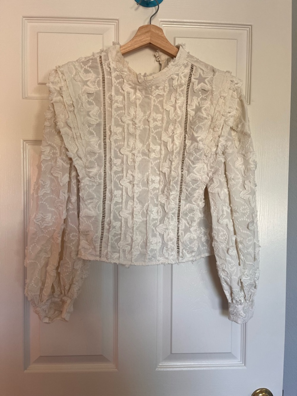 Farm Rio, Elegant Ivory Lace Long-Sleeve Women's Slightly Crop Blouse